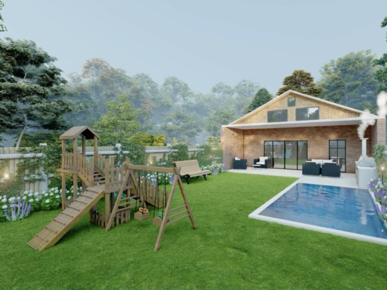 Large garden designed with swimming pool, outdoor kitchen and kids play area.